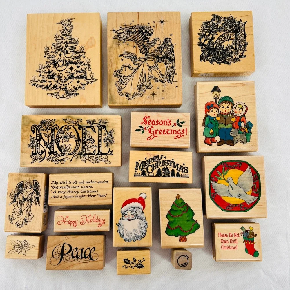 Christmas Rubber Stamp Lot Mixed Size Wood Noel Angel Santa Vintage 18 pcs